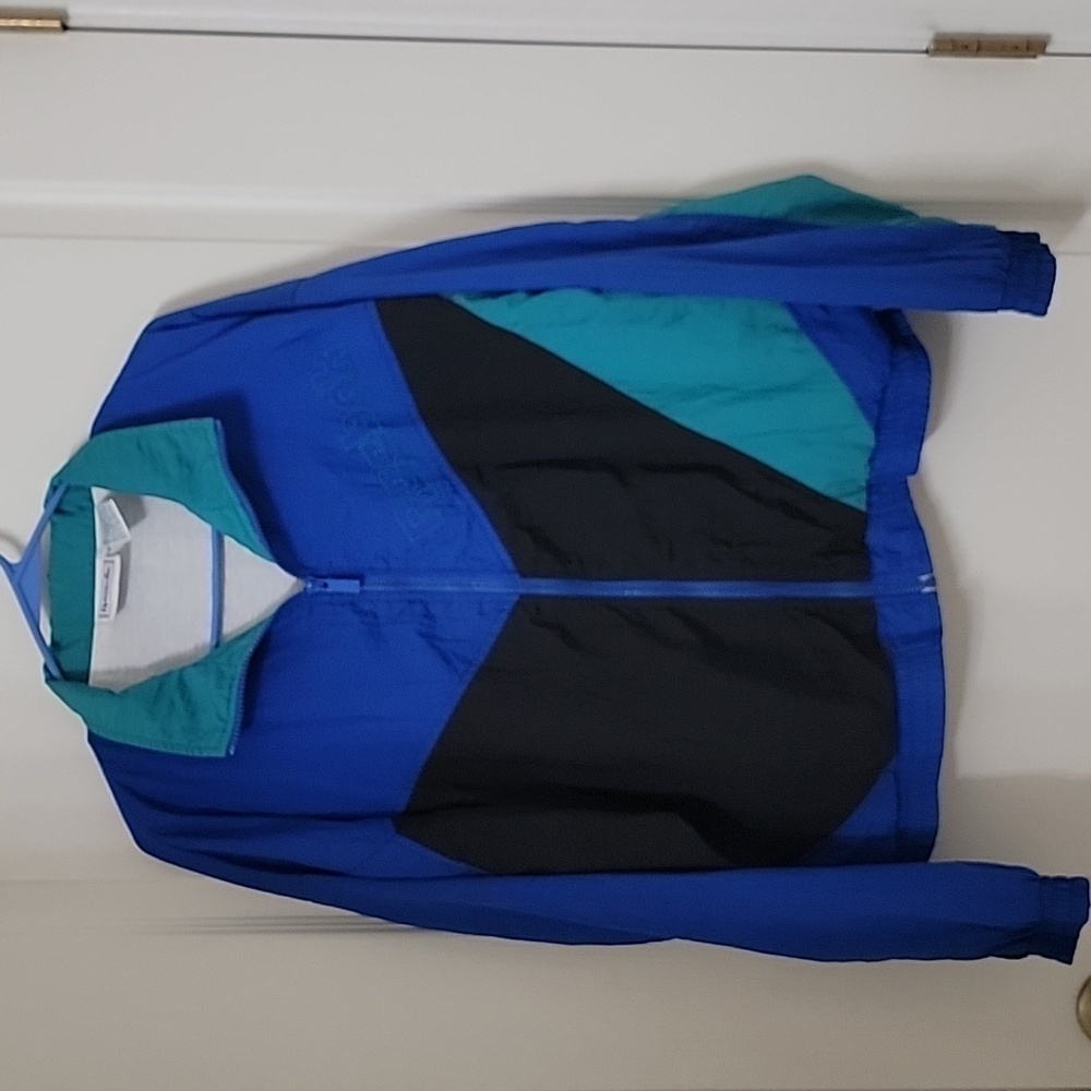 Reebok Size S Vintage Windbreaker, Blue Black Teal Colorblock, Front Zip, EUC